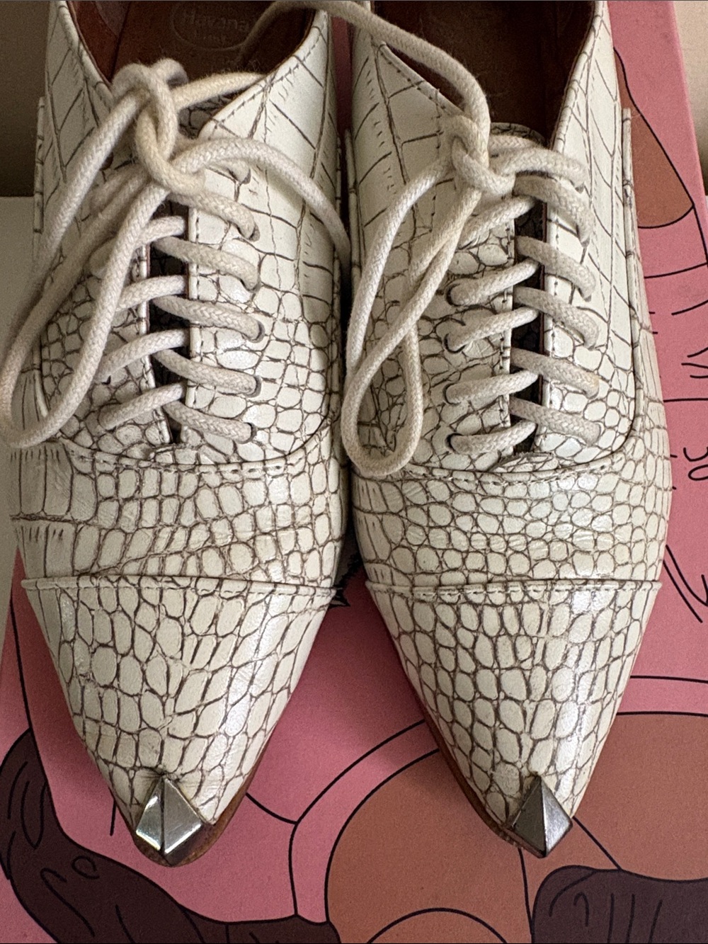 Jeffrey Campbell White Croc Lace-Up Flats with Metallic Toe Cap - Picture 7 of 9
